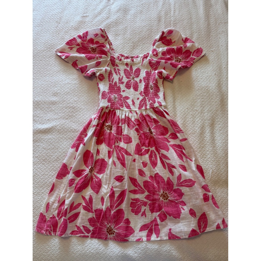 Rip Curl Pink White Floral Smocked Mini Dress Flutter Sleeve Medium